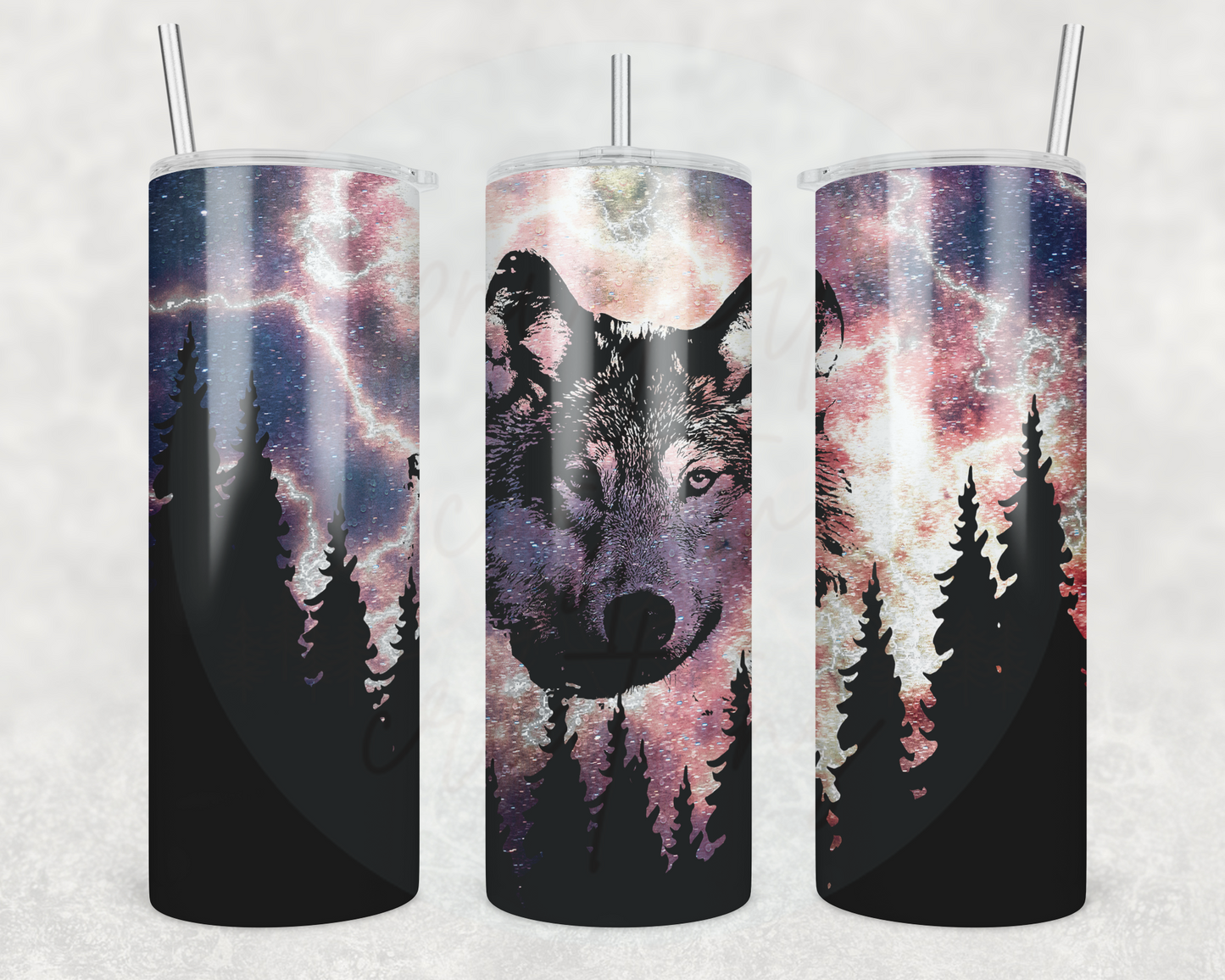 Wolf and Mountains 20oz Skinny Tumbler with Lid and Plastic Straw